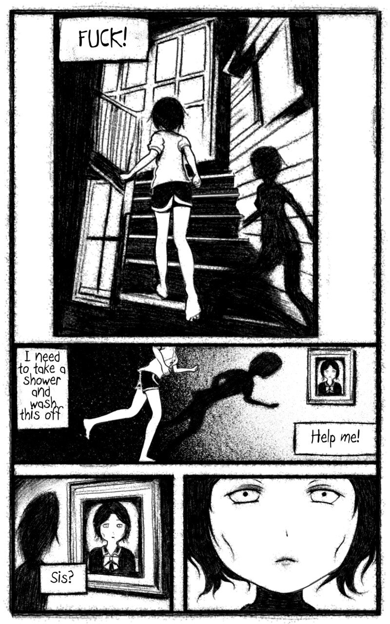 En af siderne fra den engelske webcomic-udgave af min tegneserie "Skari", først udgivet på dansk i bodyhorror-samlingen "Deforme Fortællinger" på Forlaget Afkom (ISBN:978-87-93857-28-5)